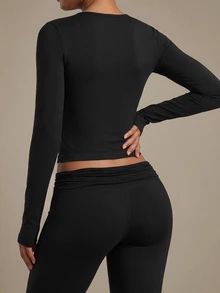 Costa Lumi Seamless Knit Long Sleeve Thumbhole Square Neck Sports T-Shirt Tank Top Gym Black Autumn Modest Athleisure - Black - View 2