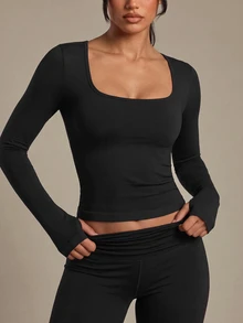 Costa Lumi Seamless Knit Long Sleeve Thumbhole Square Neck Sports T-Shirt Tank Top Gym Black Autumn Modest Athleisure - Black - View 1
