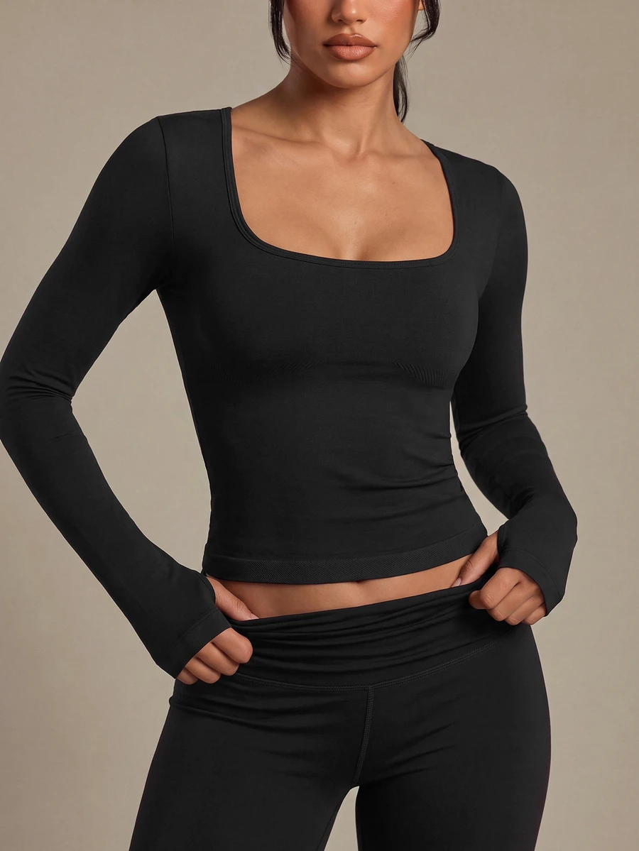 Costa Lumi Seamless Knit Long Sleeve Thumbhole Square Neck Sports T-Shirt Tank Top Gym Black Autumn Modest Athleisure - Black - View 1