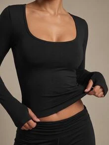 Costa Lumi Seamless Knit Long Sleeve Thumbhole Square Neck Sports T-Shirt Tank Top Gym Black Autumn Modest Athleisure - Black - View 6