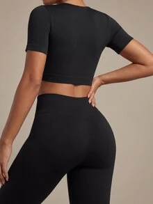 SHEIN Kaos Olahraga Wanita Lengan Pendek Setengah Resleting Warna Polos - Hitam - View 2