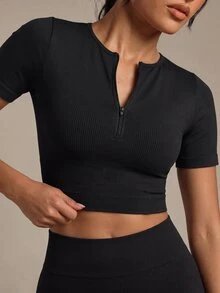 SHEIN Kaos Olahraga Wanita Lengan Pendek Setengah Resleting Warna Polos - Hitam - View 1