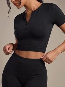 SHEIN Kaos Olahraga Wanita Lengan Pendek Setengah Resleting Warna Polos - Hitam - View 3