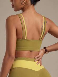 Costa Lumi New Summer Women's Colorblock Square Neck Sports Bra, Back Adjustable Spaghetti Strap, Wireless Push-Up Yoga Fitness Tank Top - Green - View 3