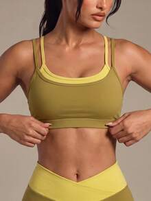 Costa Lumi New Summer Women's Colorblock Square Neck Sports Bra, Back Adjustable Spaghetti Strap, Wireless Push-Up Yoga Fitness Tank Top - Green - View 4