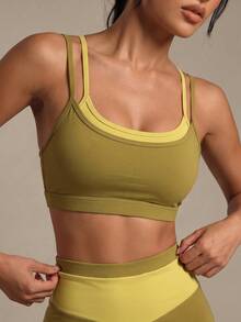 Costa Lumi New Summer Women's Colorblock Square Neck Sports Bra, Back Adjustable Spaghetti Strap, Wireless Push-Up Yoga Fitness Tank Top - Green - View 5