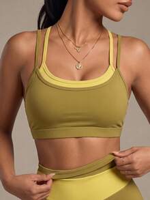 Costa Lumi New Summer Women's Colorblock Square Neck Sports Bra, Back Adjustable Spaghetti Strap, Wireless Push-Up Yoga Fitness Tank Top - Green - View 1