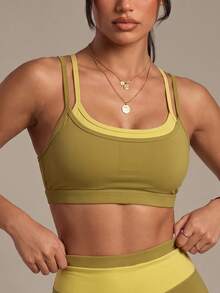 Costa Lumi New Summer Women's Colorblock Square Neck Sports Bra, Back Adjustable Spaghetti Strap, Wireless Push-Up Yoga Fitness Tank Top - Green - View 2
