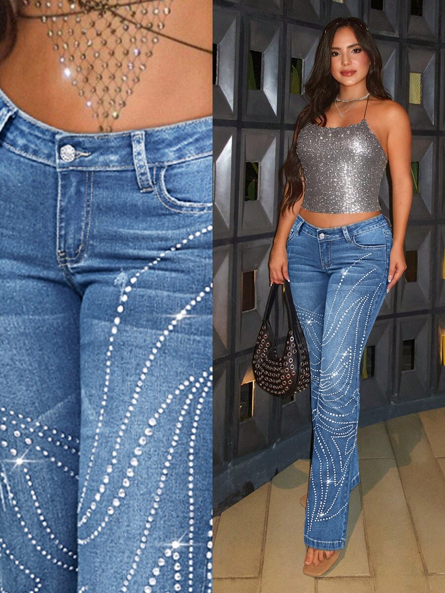 Flirla Women's Casual Fashion Street Low Waist Slim Fit Rhinestone Embellished Flare Jeans - Light Wash - View 1