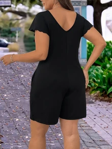 SHEIN EMERY ROSE CURVE 女士夏季宽松针织圆领短袖口袋纯色连体裤，度假/假日服装 - 黑色 - 查看 2
