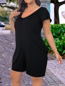 SHEIN EMERY ROSE CURVE 女士夏季宽松针织圆领短袖口袋纯色连体裤，度假/假日服装 - 黑色 - 查看 3
