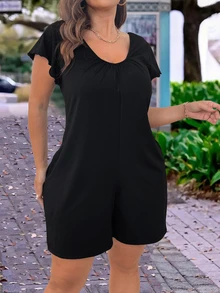 SHEIN EMERY ROSE CURVE 女士夏季宽松针织圆领短袖口袋纯色连体裤，度假/假日服装 - 黑色 - 查看 6