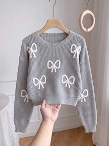 Tween Girl Grey Bow Knit Pullover Sweater,Cute Cropped Fashionable Versatile Autumn Holiday Back-To-School Winter Fall Craft Knitwear Sweaters - Grey - View 1
