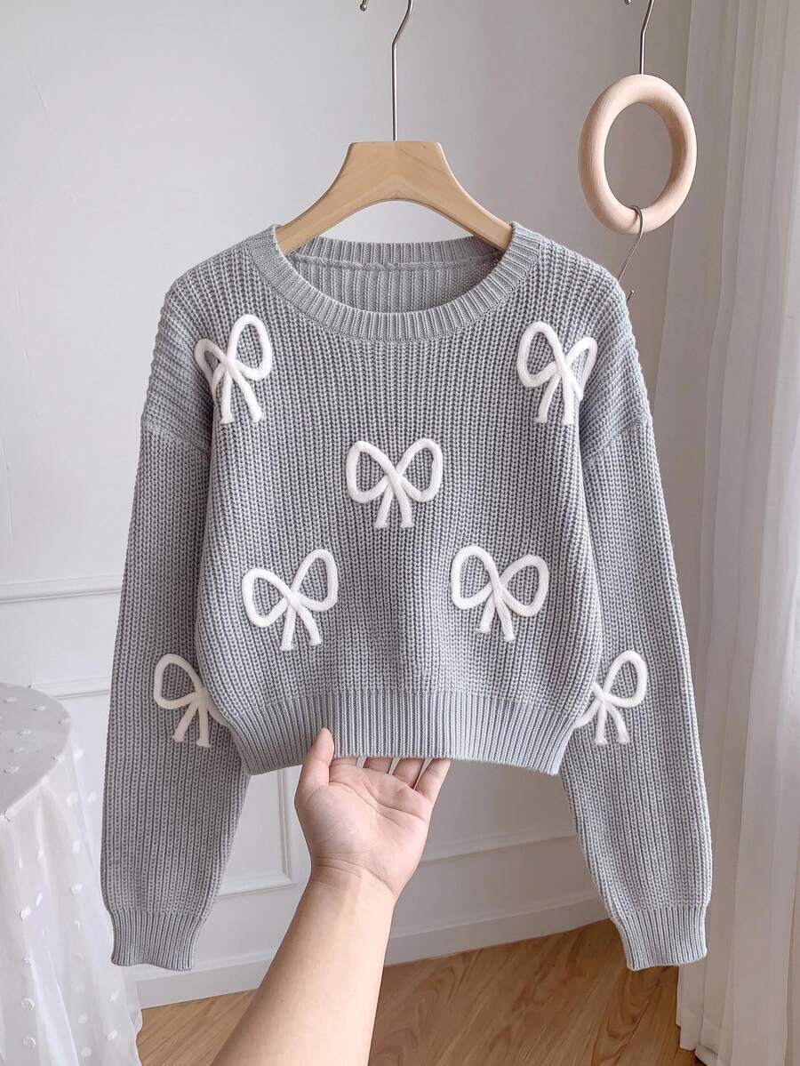 Tween Girl Grey Bow Knit Pullover Sweater,Cute Cropped Fashionable Versatile Autumn Holiday Back-To-School Winter Fall Craft Knitwear Sweaters - Grey - View 1