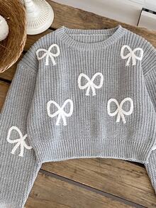 Tween Girl Grey Bow Knit Pullover Sweater,Cute Cropped Fashionable Versatile Autumn Holiday Back-To-School Winter Fall Craft Knitwear Sweaters - Grey - View 5