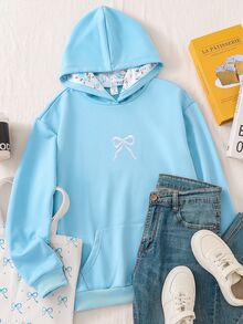 SHEIN Sparklyn 青少年女孩休閒可愛時尚粉色蝴蝶結刺繡運動衫，適合女孩，藍色學院風，秋季告別舞會 - 藍色 - 查看 6