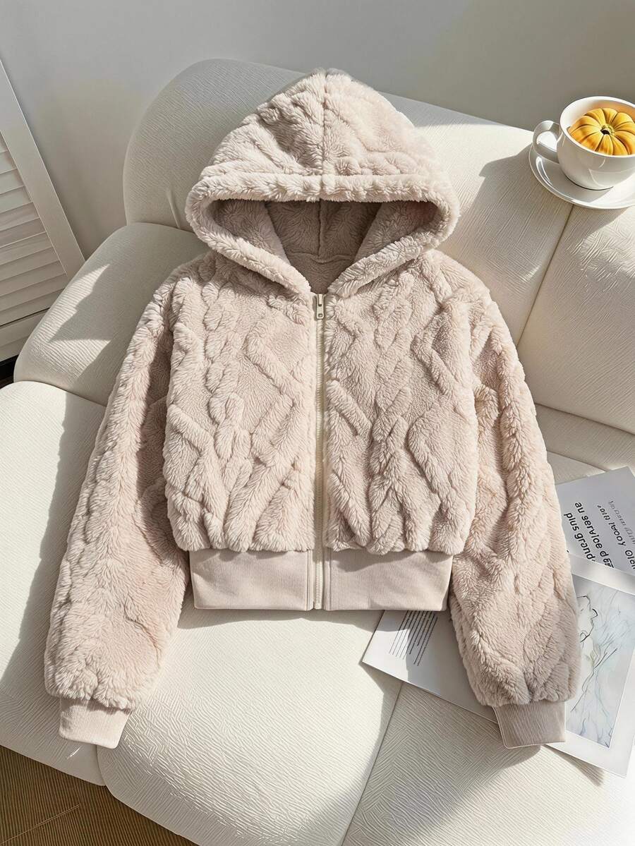 SHEIN 1 件女童连帽长袖拉链前短款针织斑驳夹克，秋季