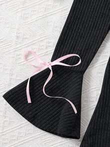SHEIN Elladie kids 青少年女孩黑色露肩喇叭袖連身短褲，蝴蝶結羅紋針織長袖連身短褲 - 黑色 - 查看 6