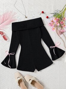 SHEIN Elladie kids 青少年女孩黑色露肩喇叭袖連身短褲，蝴蝶結羅紋針織長袖連身短褲 - 黑色 - 查看 2