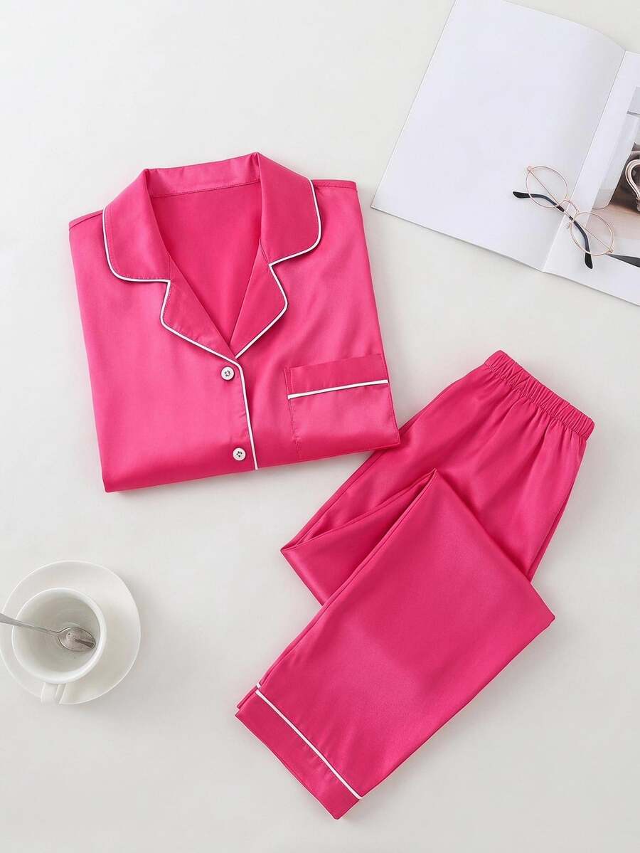 2pcs Girls Champagne Solid Color Set, Consisting Of Long Sleeve Top And Long Pants, Home Wear, Spring & Autumn - Hot Pink - View 1