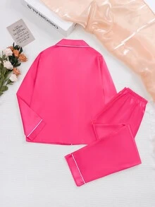 2pcs Girls Champagne Solid Color Set, Consisting Of Long Sleeve Top And Long Pants, Home Wear, Spring & Autumn - Hot Pink - View 2