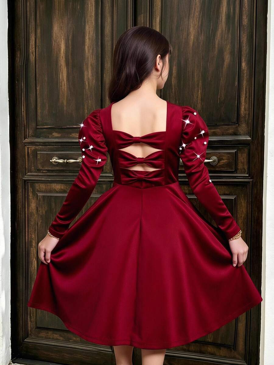 SHEIN Sparklyn Burgundy Red Solid Color Elegant Cute Long Sleeve Dress For Tween Girls Autumn Party Dinner - Burgundy - View 1