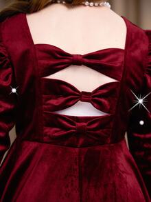 SHEIN Sparklyn Burgundy Red Solid Color Elegant Cute Long Sleeve Dress For Tween Girls Autumn Party Dinner - Burgundy - View 8