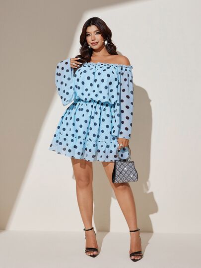 Viva Relle Plus Size Women's Blue Polka Dot Off-Shoulder Mesh Drawstring Waist Ruffle Hem Jumpsuit, French Style Vacation Casual Outfit, Spring/Summer, Polka Dot Dress, Elegant Dresses For Women, Blue Dress
