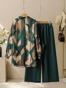 Lacomfia Women's Minimalist Casual Geometric Pattern Fashion Loose Plus Size Shirt Paired With Versatile Wide Leg Pants - Multicolor - View 2