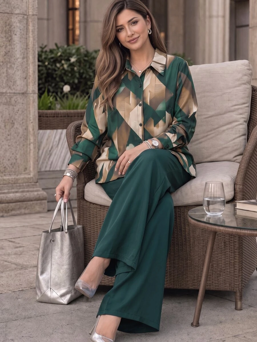 Lacomfia Women's Minimalist Casual Geometric Pattern Fashion Loose Plus Size Shirt Paired With Versatile Wide Leg Pants - Multicolor - View 1