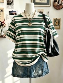 Lalippa Women's Crew Neck Short-Sleeve T-Shirt With Color-Block Striped Print Casual Basic Style - Multicolor - View 1