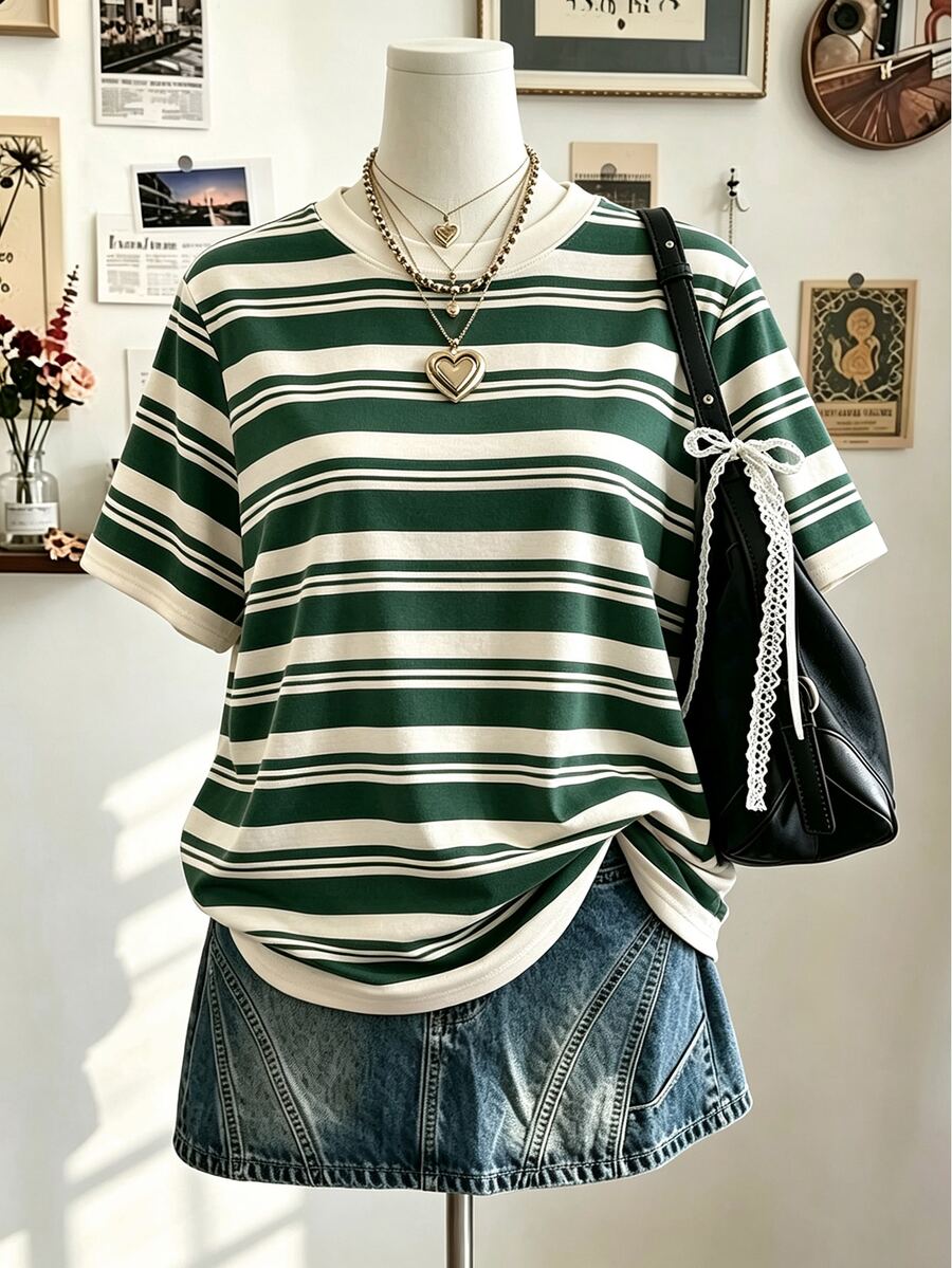 Lalippa Women's Crew Neck Short-Sleeve T-Shirt With Color-Block Striped Print Casual Basic Style - Multicolor - View 1