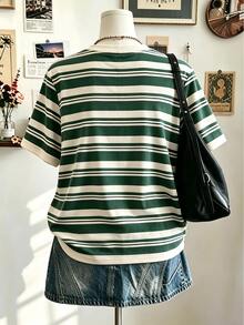 Lalippa Women's Crew Neck Short-Sleeve T-Shirt With Color-Block Striped Print Casual Basic Style - Multicolor - View 2