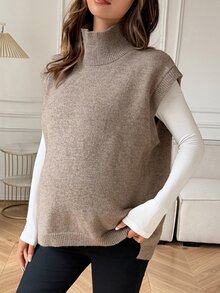 DAZY Solid Color Loose High Neck Sleeveless Casual Vacation Spring Autumn Knit Sweater Vest Maternity Sweater Vest - Khaki - View 10