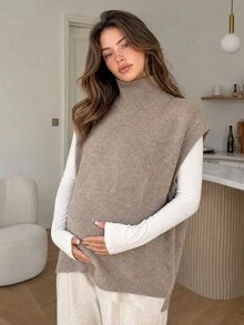 DAZY Solid Color Loose High Neck Sleeveless Casual Vacation Spring Autumn Knit Sweater Vest Maternity Sweater Vest - Khaki - View 1