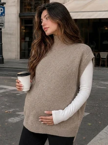 DAZY Solid Color Loose High Neck Sleeveless Casual Vacation Spring Autumn Knit Sweater Vest Maternity Sweater Vest - Khaki - View 5