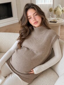 DAZY Solid Color Loose High Neck Sleeveless Casual Vacation Spring Autumn Knit Sweater Vest Maternity Sweater Vest - Khaki - View 8
