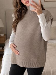 DAZY Solid Color Loose High Neck Sleeveless Casual Vacation Spring Autumn Knit Sweater Vest Maternity Sweater Vest - Khaki - View 4