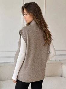 DAZY Solid Color Loose High Neck Sleeveless Casual Vacation Spring Autumn Knit Sweater Vest Maternity Sweater Vest - Khaki - View 2