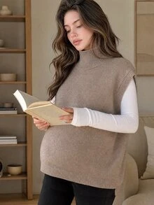 DAZY Solid Color Loose High Neck Sleeveless Casual Vacation Spring Autumn Knit Sweater Vest Maternity Sweater Vest - Khaki - View 7