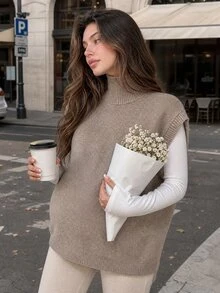DAZY Solid Color Loose High Neck Sleeveless Casual Vacation Spring Autumn Knit Sweater Vest Maternity Sweater Vest - Khaki - View 6