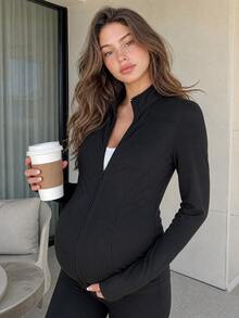 DAZY Solid Color Elastic Small Stand Collar Fitted Long Sleeve Jacket, Sports Casual Maternity Thin Outerwear Fall - Black - View 6