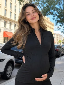 DAZY Solid Color Elastic Small Stand Collar Fitted Long Sleeve Jacket, Sports Casual Maternity Thin Outerwear Fall - Black - View 3