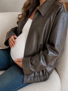 Dazy Maternity Solid Color Loose Long Sleeve Lapel Zipper PU Jacket Casual Street Daily Spring Autumn Maternity Regular Jacket - Brown - View 9