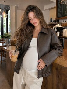 Dazy Maternity Solid Color Loose Long Sleeve Lapel Zipper PU Jacket Casual Street Daily Spring Autumn Maternity Regular Jacket - Brown - View 3