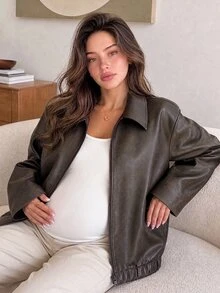 Dazy Maternity Solid Color Loose Long Sleeve Lapel Zipper PU Jacket Casual Street Daily Spring Autumn Maternity Regular Jacket - Brown - View 10