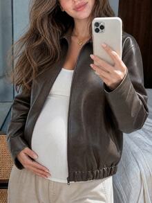 Dazy Maternity Solid Color Loose Long Sleeve Lapel Zipper PU Jacket Casual Street Daily Spring Autumn Maternity Regular Jacket - Brown - View 12