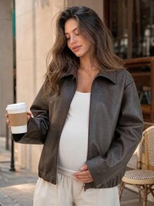 Dazy Maternity Solid Color Loose Long Sleeve Lapel Zipper PU Jacket Casual Street Daily Spring Autumn Maternity Regular Jacket - Brown - View 11