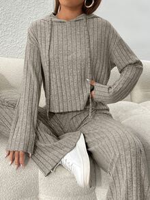 SHEIN PETITE Women Grey Autumn Casual Lounge Two-Piece Set,Rib-Knit Hooded Long Sleeve Sweatshirt & Pants Outfits,Solid Color Drop Shoulder Regular Fit Tracksuit ,Petite Women - Khaki - View 3