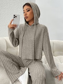 SHEIN PETITE Women Grey Autumn Casual Lounge Two-Piece Set,Rib-Knit Hooded Long Sleeve Sweatshirt & Pants Outfits,Solid Color Drop Shoulder Regular Fit Tracksuit ,Petite Women - Khaki - View 6